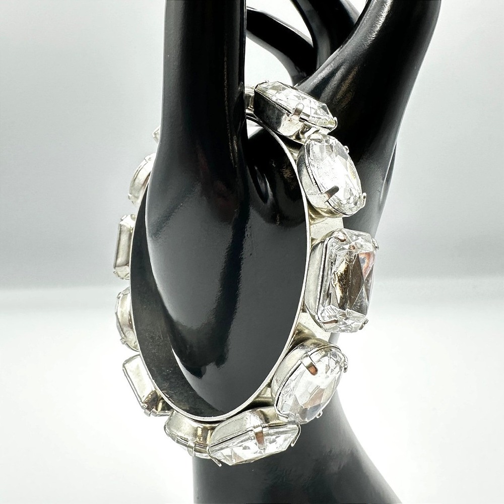 Vintage Silver Tone Large‎ Rhinestone Stretch Bracelet Chunky Multi Shape Retro